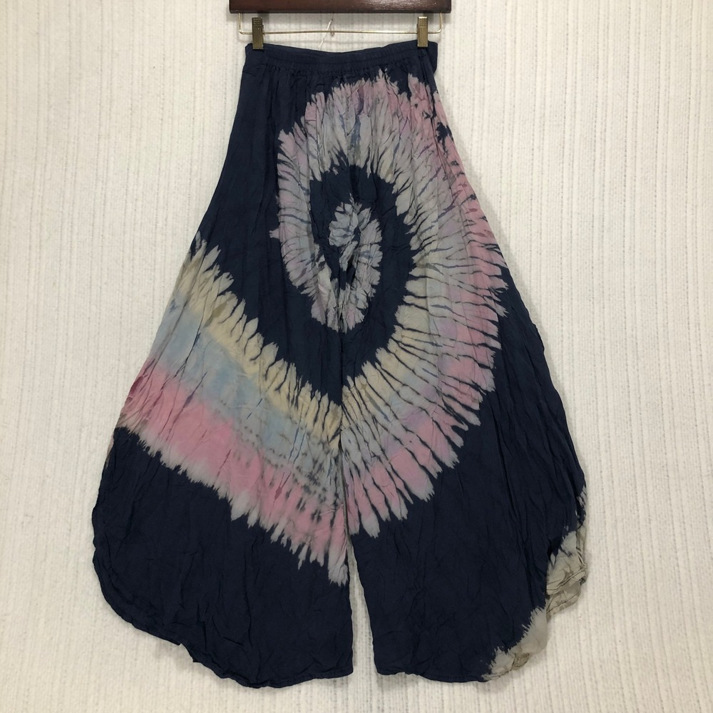 Navy Pink Tie Dye Wide Leg Palazzo Pants Boho Rayon Festival Summer One Size - Picture 4 of 8